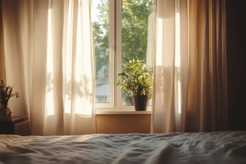 Poster - The modern bedrooms minimal design is enhanced by a sleek window and simple, elegant curtains