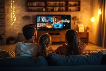 Poster - Family enjoys quality time watching TV, embracing the futuristic concept of smart TV entertainment together