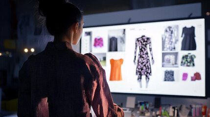 A fashion designer analyzing dress patterns on a digital screen with focus and creativity in a modern workspace.