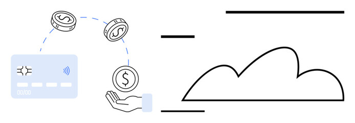 Contactless card transferring money to a hand with cloud symbol. Ideal for finance, technology, e-commerce, digital wallet, fintech, cloud computing, online banking. Flat simple metaphor