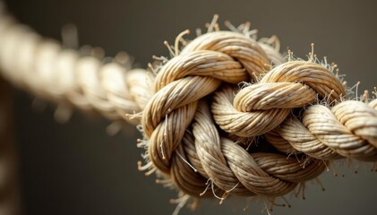 Close-up of beige netting and sturdy rope knot, woven, backdrop