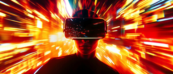 Poster - A person wearing a virtual reality headset is immersed in a vibrant, colorful digital environment, suggesting an exhilarating tech experience.