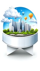 Wall Mural - A vibrant cityscape featuring skyscrapers, greenery, and colorful hot air balloons under a bright blue sky.