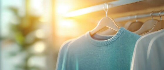 Poster - A cozy sweater hangs on a wooden hanger, illuminated by warm sunlight, creating a serene and inviting atmosphere in a stylish setting.