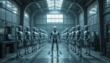 Poster - Futuristic Robots in Formation Inside a High-Tech Laboratory Environment