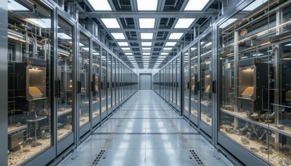 Poster - Modern Data Center Aisle with High-Tech Server Racks and Glass Panels