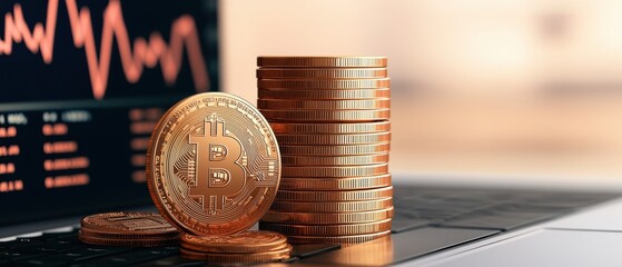 Poster - A close-up of Bitcoin coins stacked next to a laptop displaying a fluctuating cryptocurrency market graph.