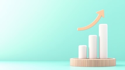 Poster - A minimalist graphic showing three ascending bars on a wooden base with an upward arrow, symbolizing growth and progress against a light blue background.