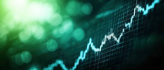 Poster - A glowing green abstract representation of financial data, showcasing an upward trend on a graph with blurred light effects.