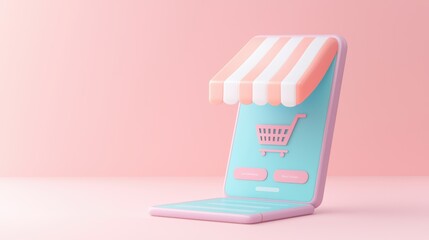Poster - A pastel-colored digital storefront with a striped awning and shopping cart icon, symbolizing online shopping and e-commerce.
