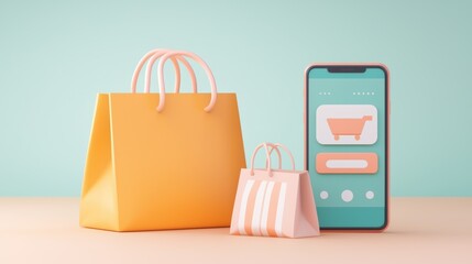 Poster - A modern shopping scene featuring colorful bags alongside a smartphone displaying a shopping cart interface.