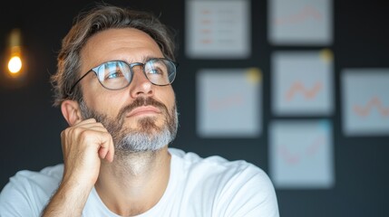 Poster - A thoughtful man with glasses gazes upward, contemplating ideas in a modern workspace filled with abstract charts.