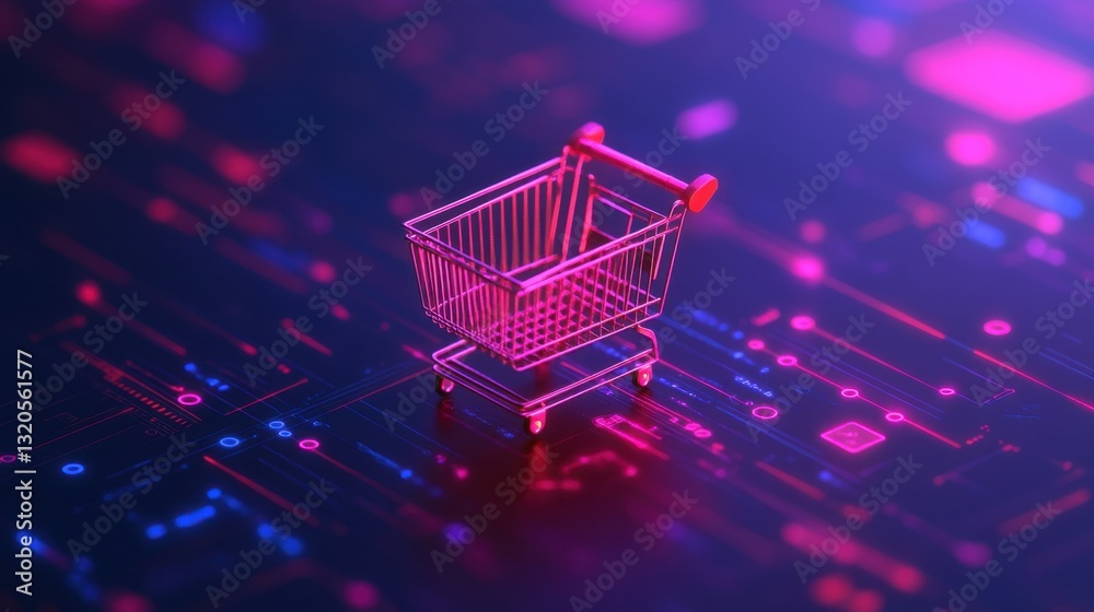 Futuristic digital shopping cart surrounded by neon circuits and ...