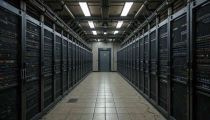 Poster - Dimly Lit Data Center with Rows of Electronic Equipment and Panels