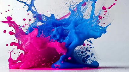 Poster - Splash of pink and blue paint on a white background. The colors are vibrant and the splash appears to be energetic and dynamic
