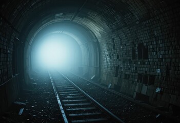 Poster - Mysterious Train Tunnel with Fog and Light at the End of Tracks