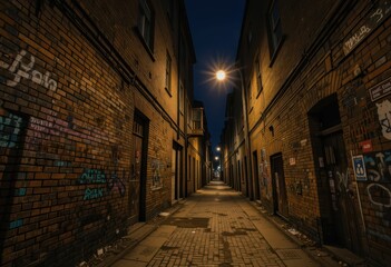 Poster - Quiet Urban Alleyway at Night with Streetlight Glow and Graffiti