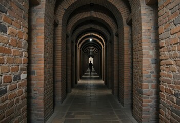 Poster - Serene Hallway with Arched Brick Columns and Dim Lighting