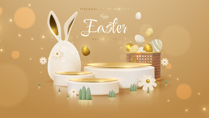 Wall Mural - empty golden display stand with easter eggs, cute bunny, egg basket, flowers and grass, easter templ