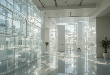 Poster - Bright Modern Interior Space with Glass Walls and Serene Atmosphere