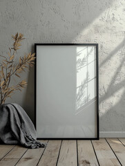 Poster - minimalist home setting featuring blank frame, soft shadows, and cozy atmosphere. natural elements enhance serene vibe