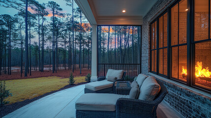 Poster - Cozy outdoor seating area with view of trees and sunset