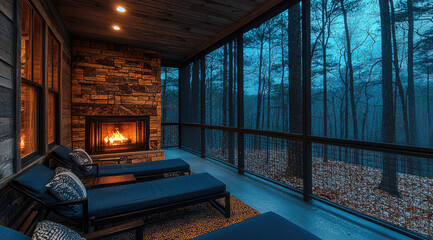 Poster - Cozy screened porch with fireplace, surrounded by trees at dusk