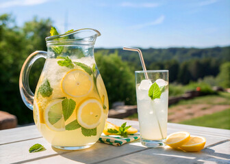 Poster - A refreshing pitcher of lemonade with mint sits alongside a glass of lemonade on a sunny day.