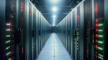 Poster - Data center corridor with illuminated server racks, showcasing technology