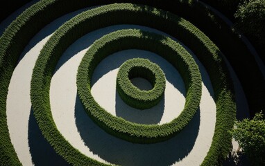Poster - Overhead view of a circular green hedge maze with light-colored pathways creating concentric circles.  The sunlight casts shadows, highlighting the texture of the hedges