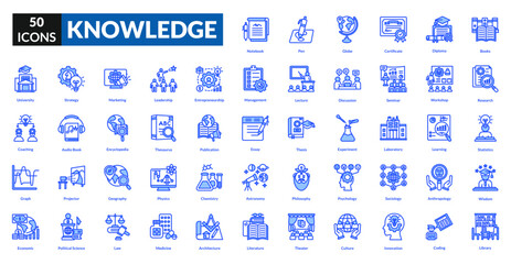 Knowledge blue icon collection set. Includes learning, information, education, wisdom, book, research, idea, brain, understanding, insight, analysis, facts, intellect, study, teaching, book
