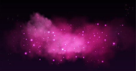 Wall Mural - pink cloud with sparkling stars on black background. vector realistic illustration of night space wi
