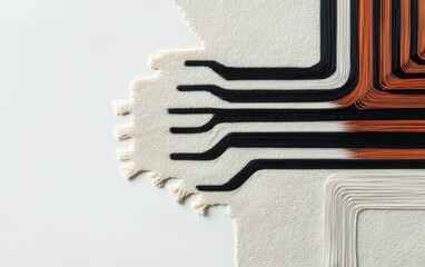 Poster - Abstract close-up of intricate copper and black wiring on a speckled off-white background. The image features sharp details and a contrasting color palette