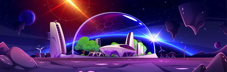 Poster - Mars space station inside protective dome - futuristic buildings, green trees, transport vehicle on purple terrain and cosmic sky with bright sun flare. Domed colony on extraterrestrial landscape.