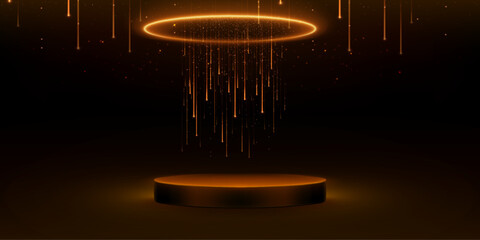 Poster - black luxury podium with golden round spotlight glow from above. shimmering light rays, sparkles fal