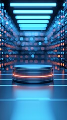 Poster - futuristic 3D podium, illuminated edges, glossy surface, sci-fi ambiance, dynamic lighting effects, clean and modern showcase, floating display, high-resolution rendering, digital art aesthetic,