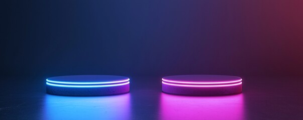 Poster - glowing 3D podium, neon-lit edges, cyberpunk aesthetic, futuristic product display, deep shadows, vibrant color contrast, digital showcase, high-tech ambiance, floating design, ultra-detailed