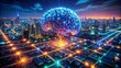 © Phatsawut - Aerial View Futuristic Cityscape: Digital Brain AI, Future Medicine & Tech
