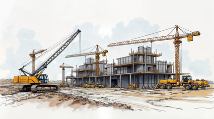 Poster - conceptual drawing sketch of construction site . Generative AI