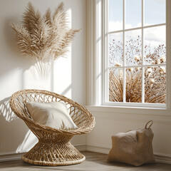 Poster - cozy minimalist interior featuring rattan chair, soft cushion, and natural decor. sunlight streams through window, enhancing serene atmosphere