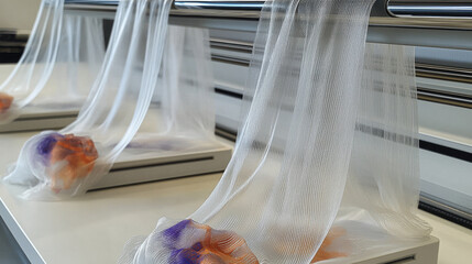 Aufkleber - image showcases modern printing machine with translucent fabric draping elegantly over colorful objects, creating visually striking effect