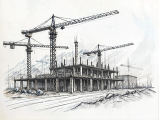 Poster - conceptual drawing sketch of construction site . Generative AI