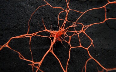 Poster - Microscopic view of a vibrant orange neural network sprawling across a dark, granular background. Intricate, branching structures create a complex, almost alien landscape