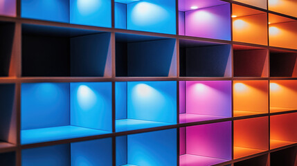 Poster - vibrant shelf with colorful lighting in blue, pink, and orange hues creates modern aesthetic