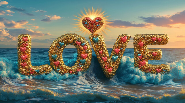 The word LOVE formed by golden waves and colorful hearts, with an ocean wave as the background. A heart-shaped sun in the sky shines on gold letters forming each letter of the text LOVE