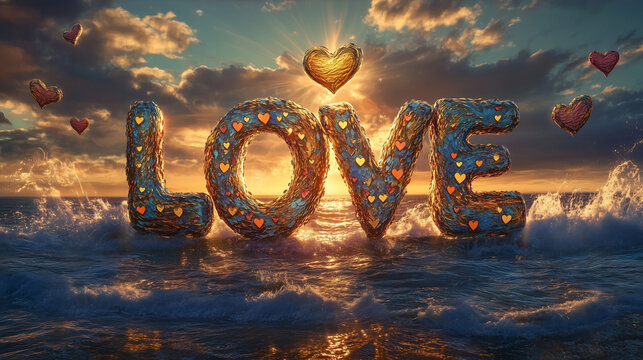 The word LOVE formed by golden waves and colorful hearts, with an ocean wave as the background. A heart-shaped sun in the sky shines on gold letters forming each letter of the text LOVE