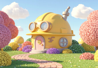 Poster - cozy house in the form of a construction helmet, the concept of construction and reliable housing . Generative AI