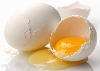 Poster - The image depicts a broken white eggshell with an egg yolk spilling out onto a reflective surface.