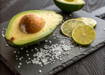 Poster - A beautifully arranged still life featuring a halved avocado, lime slices, and coarse sea salt on a dark slate surface.