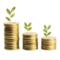 Poster - Three stacks of shiny reflective gold coins on a transparent background representing the concept of wealth financial growth and successful investment strategies